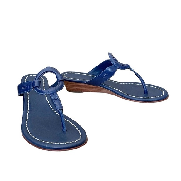 Bernardo Blue Matrix Wedge Thong Sandals Patent Leather T-Strap Women’s Size 6 - Picture 1 of 9